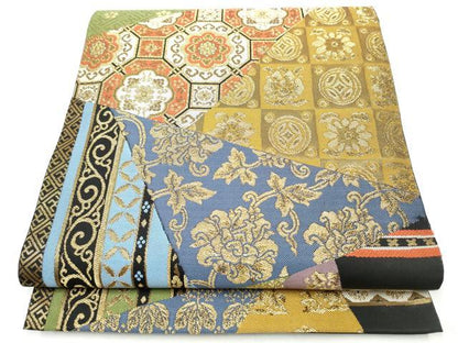 平和屋着物●全通柄　本袋帯　裂取名物裂類集　黒地　金糸　正絹　逸品　CABI9078hy