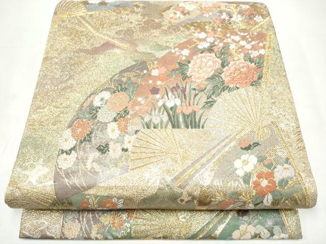 平和屋着物●両面　両方向　全通柄袋帯　扇桧四季草花文　六歌仙色紙文　金糸　正絹　逸品　CABI9080hy