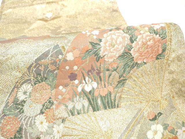 平和屋着物●両面　両方向　全通柄袋帯　扇桧四季草花文　六歌仙色紙文　金糸　正絹　逸品　CABI9080hy