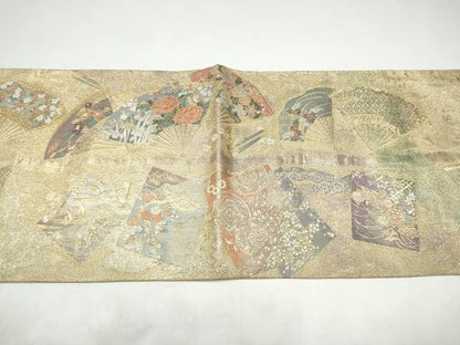 平和屋着物●両面　両方向　全通柄袋帯　扇桧四季草花文　六歌仙色紙文　金糸　正絹　逸品　CABI9080hy