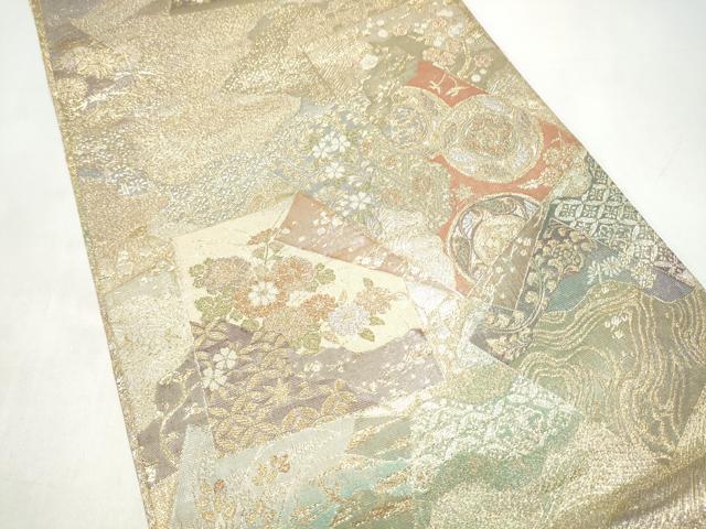 平和屋着物●両面　両方向　全通柄袋帯　扇桧四季草花文　六歌仙色紙文　金糸　正絹　逸品　CABI9080hy