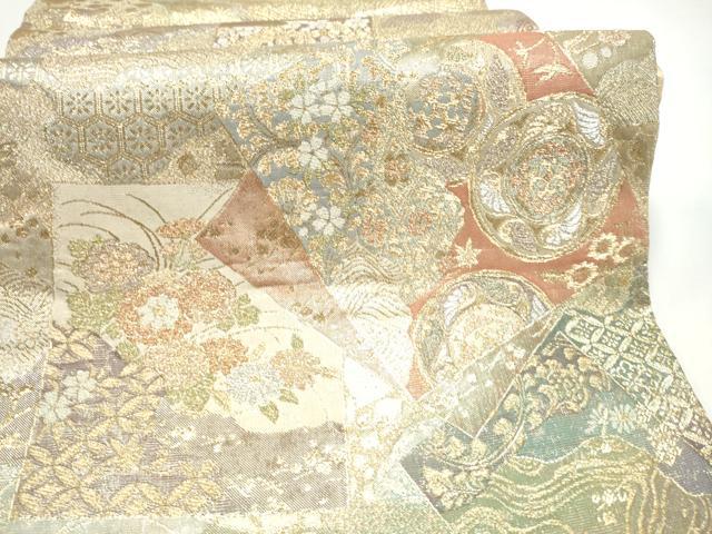 平和屋着物●両面　両方向　全通柄袋帯　扇桧四季草花文　六歌仙色紙文　金糸　正絹　逸品　CABI9080hy