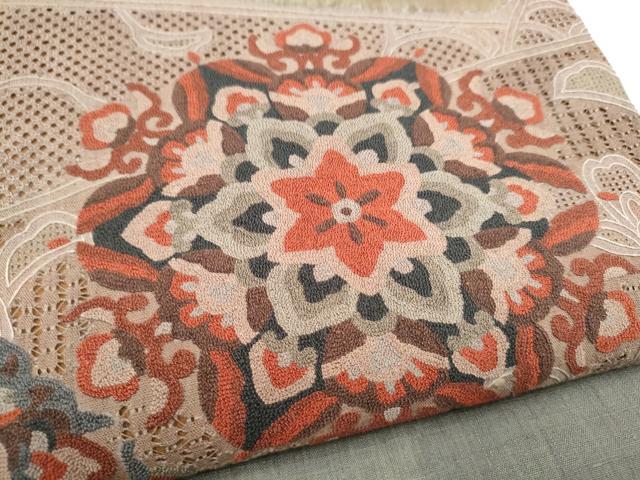 平和屋着物●中国三大刺繍　スワトウ刺繍　総刺繍　太鼓柄袋帯　紬地　正倉院花文　正絹　逸品　CABI9084hy