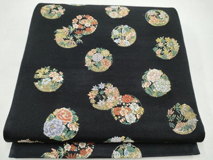 平和屋着物●西陣の老舗　1782年創業　山下織物　六通柄袋帯　唐織　草花丸文　黒地　金通し地　正絹　逸品　CABI9086hy