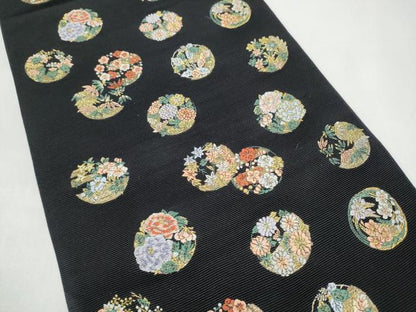 平和屋着物●西陣の老舗　1782年創業　山下織物　六通柄袋帯　唐織　草花丸文　黒地　金通し地　正絹　逸品　CABI9086hy