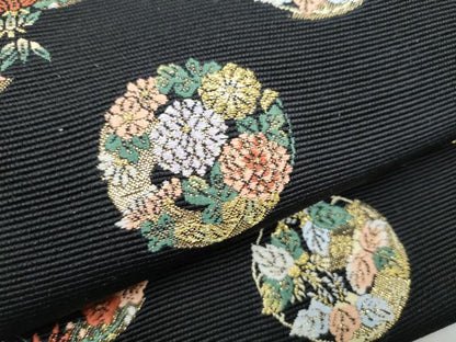 平和屋着物●西陣の老舗　1782年創業　山下織物　六通柄袋帯　唐織　草花丸文　黒地　金通し地　正絹　逸品　CABI9086hy