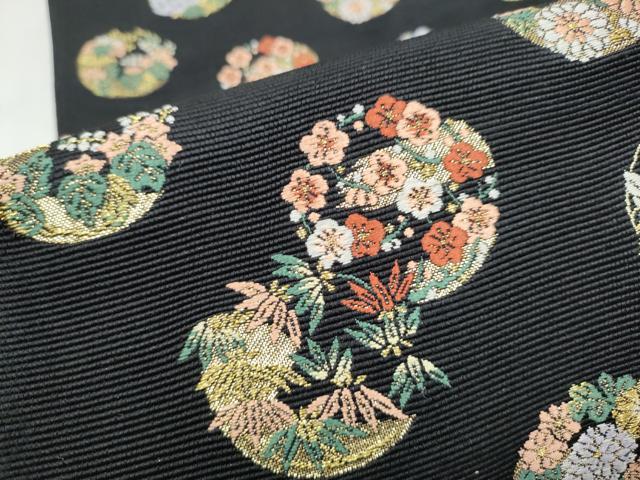 平和屋着物●西陣の老舗　1782年創業　山下織物　六通柄袋帯　唐織　草花丸文　黒地　金通し地　正絹　逸品　CABI9086hy