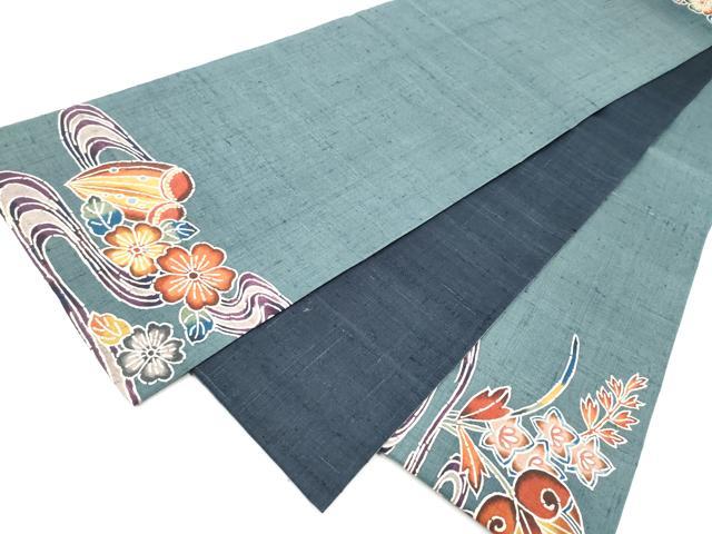 平和屋着物●太鼓柄袋帯　型染め　生紬　型染め　花鳥文　正絹　逸品　CABI9096hy