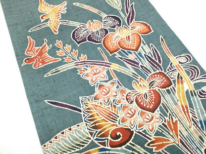 平和屋着物●太鼓柄袋帯　型染め　生紬　型染め　花鳥文　正絹　逸品　CABI9096hy