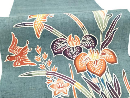平和屋着物●太鼓柄袋帯　型染め　生紬　型染め　花鳥文　正絹　逸品　CABI9096hy