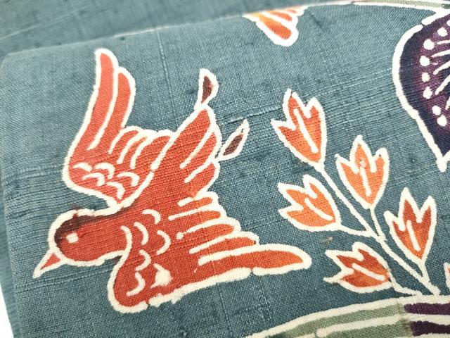 平和屋着物●太鼓柄袋帯　型染め　生紬　型染め　花鳥文　正絹　逸品　CABI9096hy