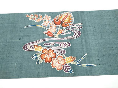 平和屋着物●太鼓柄袋帯　型染め　生紬　型染め　花鳥文　正絹　逸品　CABI9096hy
