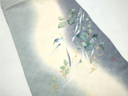 平和屋着物●両面　太鼓柄袋帯　作家物　手描き　枝葉鳥文　金銀彩　正絹　逸品　CABI9097hy