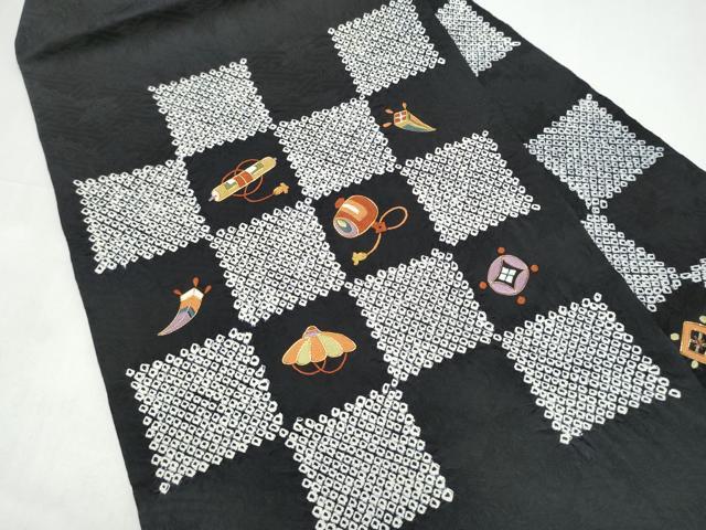 平和屋着物●九寸名古屋帯　絞り　総刺繍　駒刺繍　市松宝尽くし文　黒地　正絹　逸品　CABI9115hy