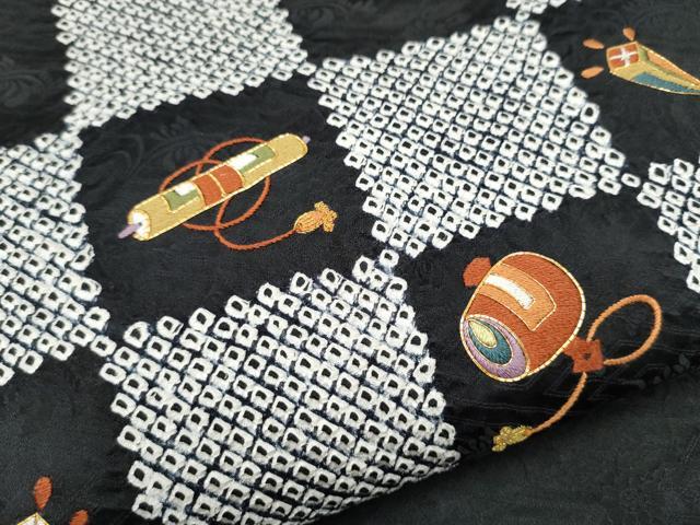 平和屋着物●九寸名古屋帯　絞り　総刺繍　駒刺繍　市松宝尽くし文　黒地　正絹　逸品　CABI9115hy