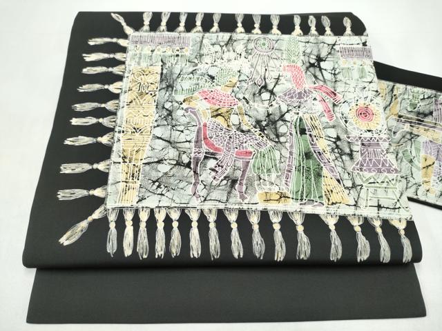 平和屋着物●塩瀬　九寸名古屋帯　ろうけつ染　人物文　黒地　正絹　逸品　CABI9117hy
