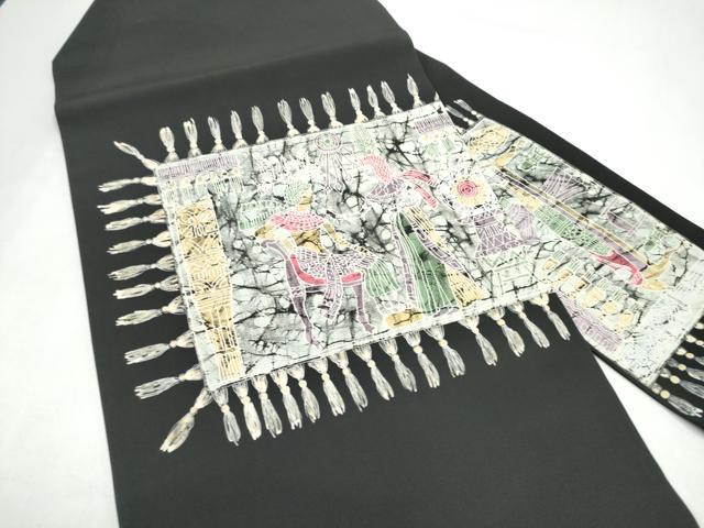 平和屋着物●塩瀬　九寸名古屋帯　ろうけつ染　人物文　黒地　正絹　逸品　CABI9117hy