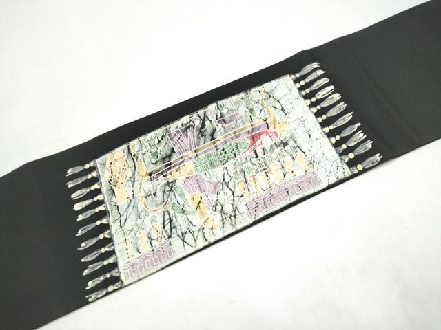 平和屋着物●塩瀬　九寸名古屋帯　ろうけつ染　人物文　黒地　正絹　逸品　CABI9117hy