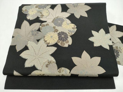 平和屋着物●九寸名古屋帯　草花文　黒地　鬼しぼ縮緬　正絹　逸品　CABI9118hy