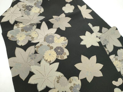 平和屋着物●九寸名古屋帯　草花文　黒地　鬼しぼ縮緬　正絹　逸品　CABI9118hy