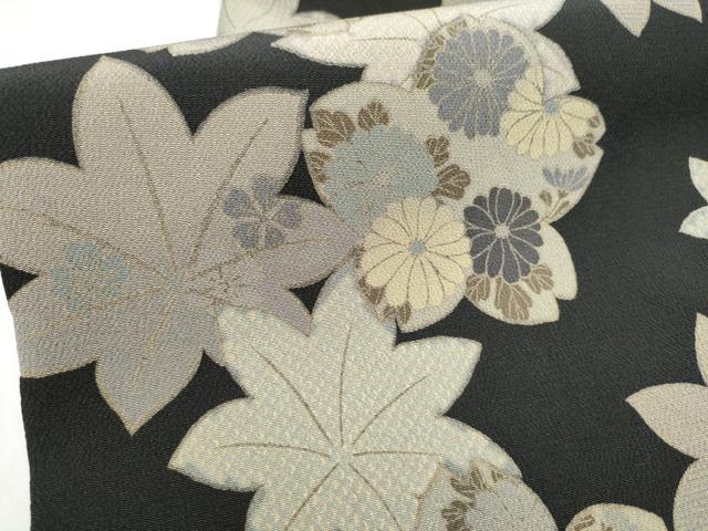 平和屋着物●九寸名古屋帯　草花文　黒地　鬼しぼ縮緬　正絹　逸品　CABI9118hy