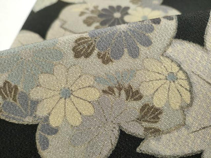 平和屋着物●九寸名古屋帯　草花文　黒地　鬼しぼ縮緬　正絹　逸品　CABI9118hy