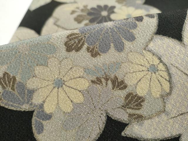 平和屋着物●九寸名古屋帯　草花文　黒地　鬼しぼ縮緬　正絹　逸品　CABI9118hy
