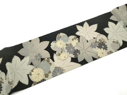 平和屋着物●九寸名古屋帯　草花文　黒地　鬼しぼ縮緬　正絹　逸品　CABI9118hy
