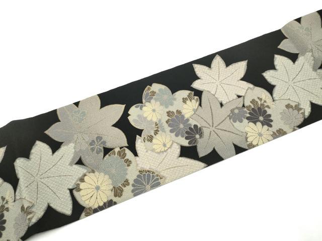 平和屋着物●九寸名古屋帯　草花文　黒地　鬼しぼ縮緬　正絹　逸品　CABI9118hy