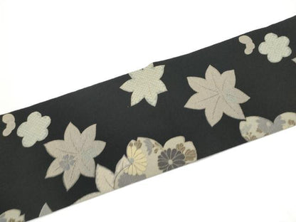 平和屋着物●九寸名古屋帯　草花文　黒地　鬼しぼ縮緬　正絹　逸品　CABI9118hy