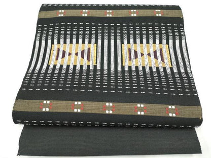 平和屋着物●八寸名古屋帯　花織　幾何学文様　黒地　正絹　逸品　CABI9126hy