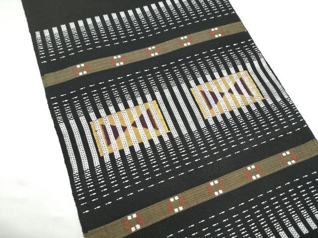 平和屋着物●八寸名古屋帯　花織　幾何学文様　黒地　正絹　逸品　CABI9126hy