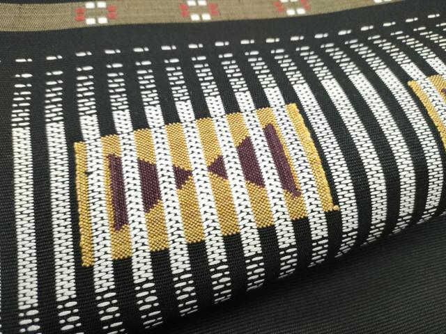 平和屋着物●八寸名古屋帯　花織　幾何学文様　黒地　正絹　逸品　CABI9126hy