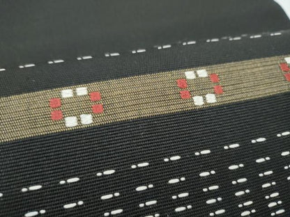 平和屋着物●八寸名古屋帯　花織　幾何学文様　黒地　正絹　逸品　CABI9126hy