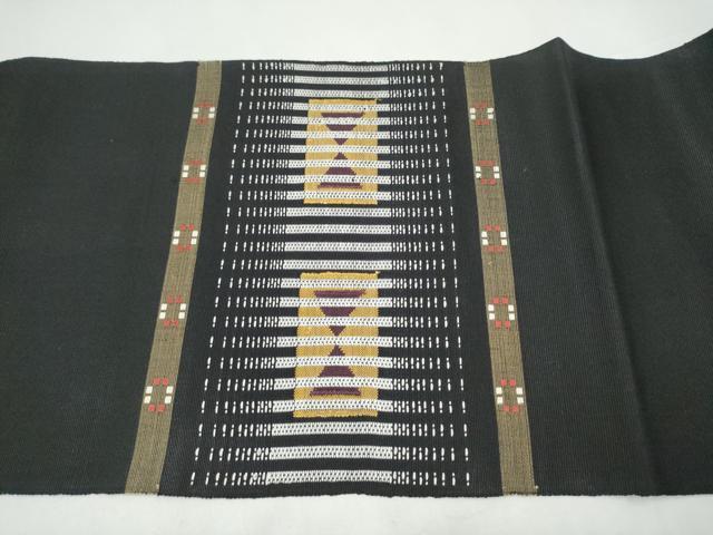 平和屋着物●八寸名古屋帯　花織　幾何学文様　黒地　正絹　逸品　CABI9126hy