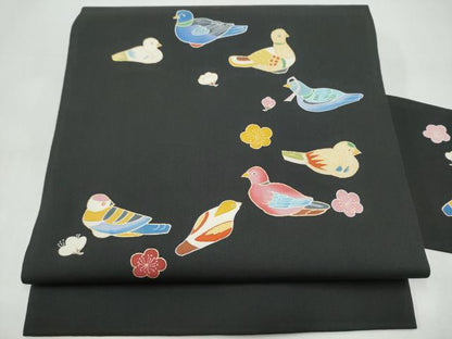 平和屋着物●塩瀬　九寸名古屋帯　鴛鴦梅文　黒地　金彩　正絹　逸品　CABI9138hy