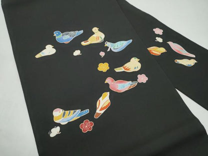 平和屋着物●塩瀬　九寸名古屋帯　鴛鴦梅文　黒地　金彩　正絹　逸品　CABI9138hy