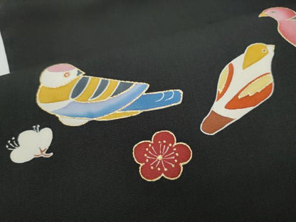 平和屋着物●塩瀬　九寸名古屋帯　鴛鴦梅文　黒地　金彩　正絹　逸品　CABI9138hy