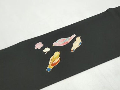 平和屋着物●塩瀬　九寸名古屋帯　鴛鴦梅文　黒地　金彩　正絹　逸品　CABI9138hy
