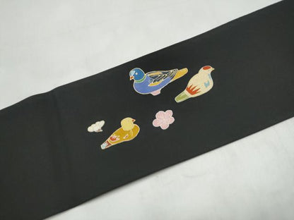 平和屋着物●塩瀬　九寸名古屋帯　鴛鴦梅文　黒地　金彩　正絹　逸品　CABI9138hy
