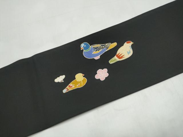 平和屋着物●塩瀬　九寸名古屋帯　鴛鴦梅文　黒地　金彩　正絹　逸品　CABI9138hy