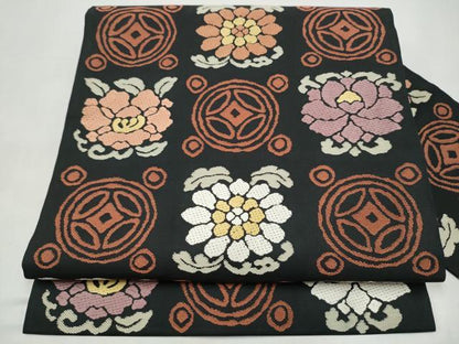 平和屋着物●九寸名古屋帯　遠州七宝　黒地　正絹　逸品　CABI9139hy