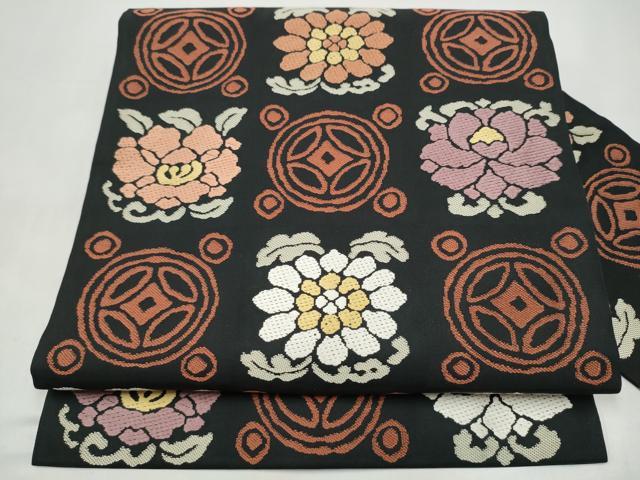 平和屋着物●九寸名古屋帯　遠州七宝　黒地　正絹　逸品　CABI9139hy