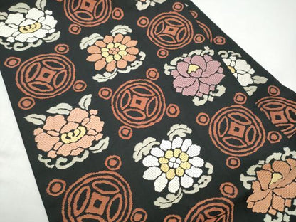 平和屋着物●九寸名古屋帯　遠州七宝　黒地　正絹　逸品　CABI9139hy