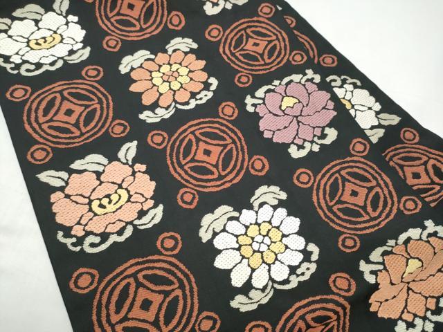 平和屋着物●九寸名古屋帯　遠州七宝　黒地　正絹　逸品　CABI9139hy
