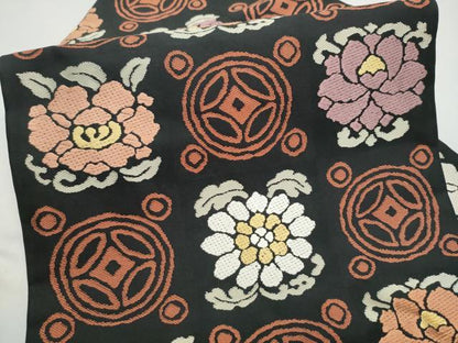平和屋着物●九寸名古屋帯　遠州七宝　黒地　正絹　逸品　CABI9139hy