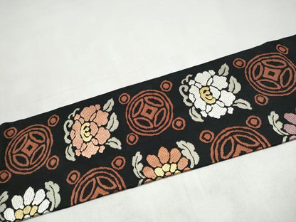 平和屋着物●九寸名古屋帯　遠州七宝　黒地　正絹　逸品　CABI9139hy