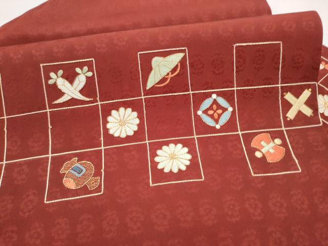 平和屋着物●九寸名古屋帯　総刺繍　駒刺繍　宝尽くし菊文　正絹　逸品　CABI9142hy