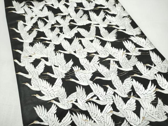 平和屋着物●太鼓柄袋帯　総刺繍　千羽鶴　黒地　金糸　正絹　逸品　CABI9161hy