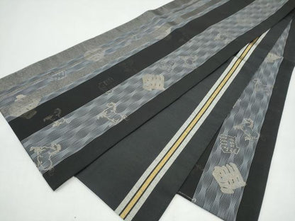 平和屋着物●両面　全通柄袋帯　馬　黒地　金糸　正絹　逸品　CABI9164hy